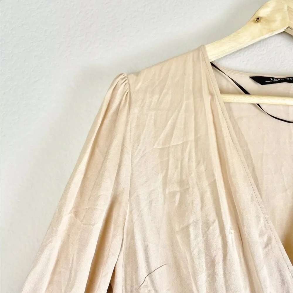 Zara Blouse Small Womens Pink Satin V-Neck Long Sleeve Genuine Wrap Top Viscose - Picture 9 of 12